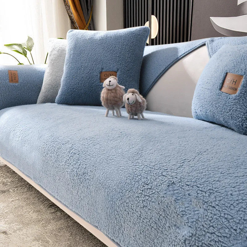 Fashion simple solid colour lambswool sofa cushion cover in beige on a living room sofa