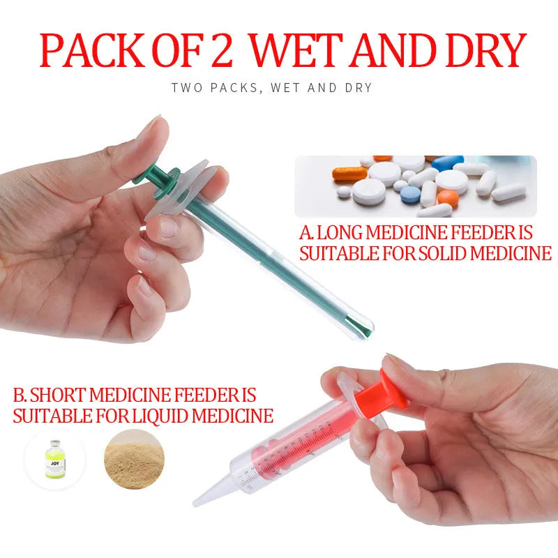 Two pet pill shooters with soft tip syringes for administering tablets to cats and dogs