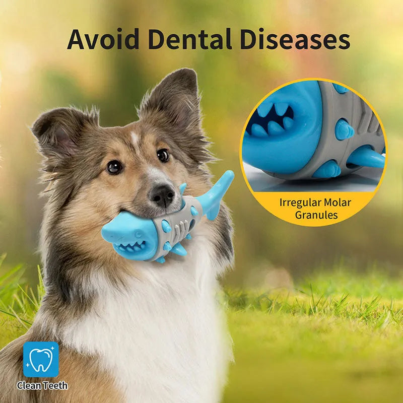 Blue silicone dog teething toy with shark-tooth texture and hollow centre for treats