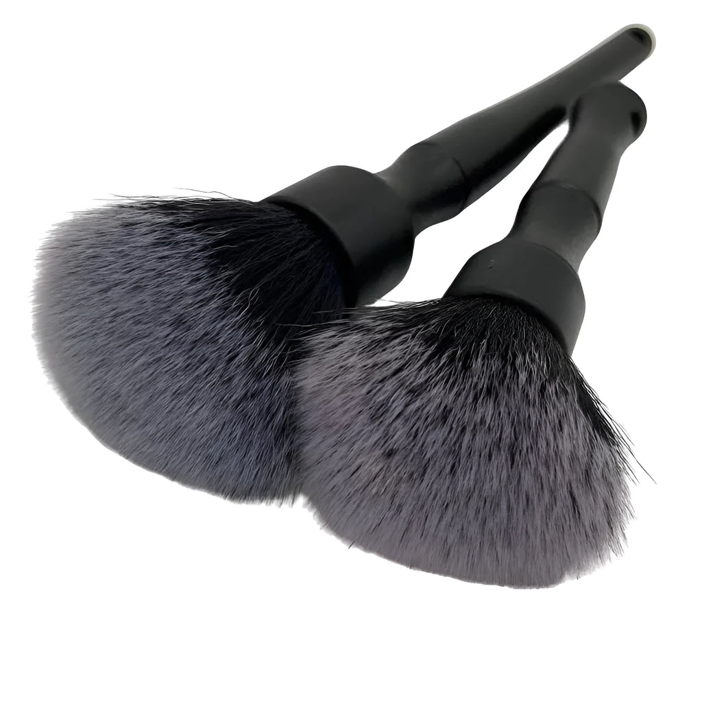 Black car detailing brush with super soft pig hair bristles and polypropylene handle for interior cleaning