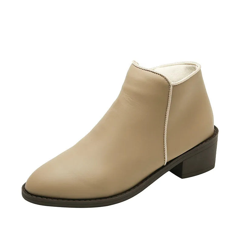 Women's chunky mid heel suede ankle boots with side zipper in off-white, front view