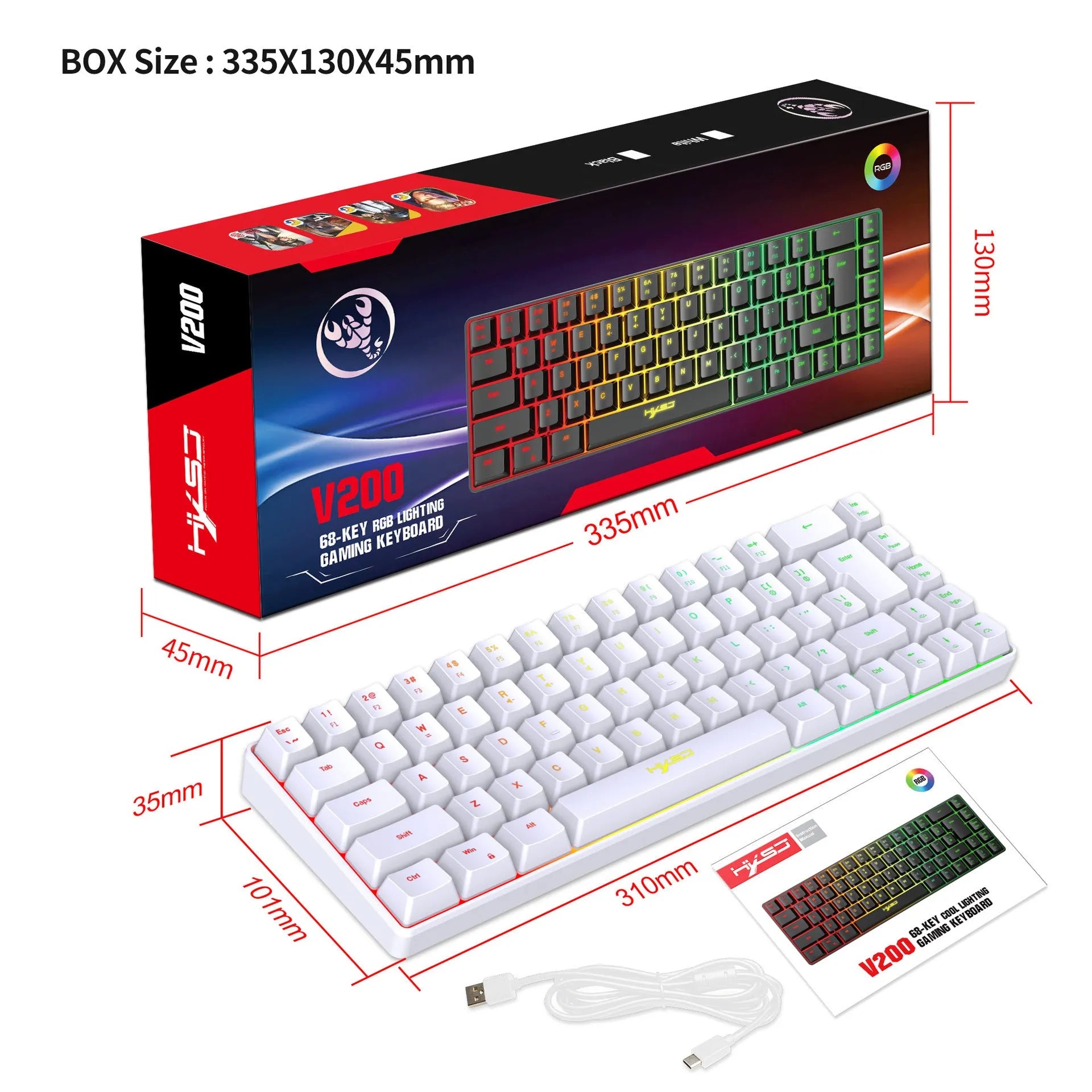 Mechanical feeling membrane gaming keyboard 68 keys wired ABS black compact 31cm