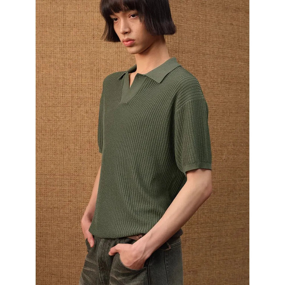 Men's loose fit polo shirt in ice silk fabric showing creamy-white, black and grey colour options