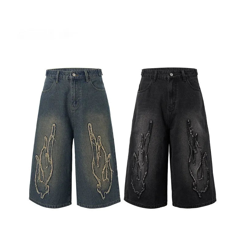 Men's black cropped denim shorts with flame embroidery patch on straight leg summer shorts