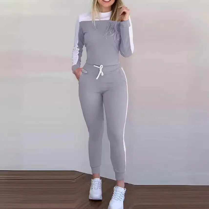 Women's colour-block long sleeve casual suit with pockets, polyester fibre, black colour option, front view on model