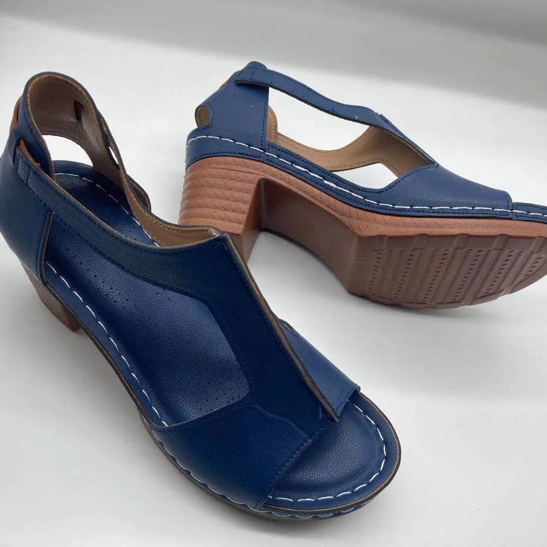 Women's plus size peep toe wedge sandals in gold with Roman style and buckle fastening
