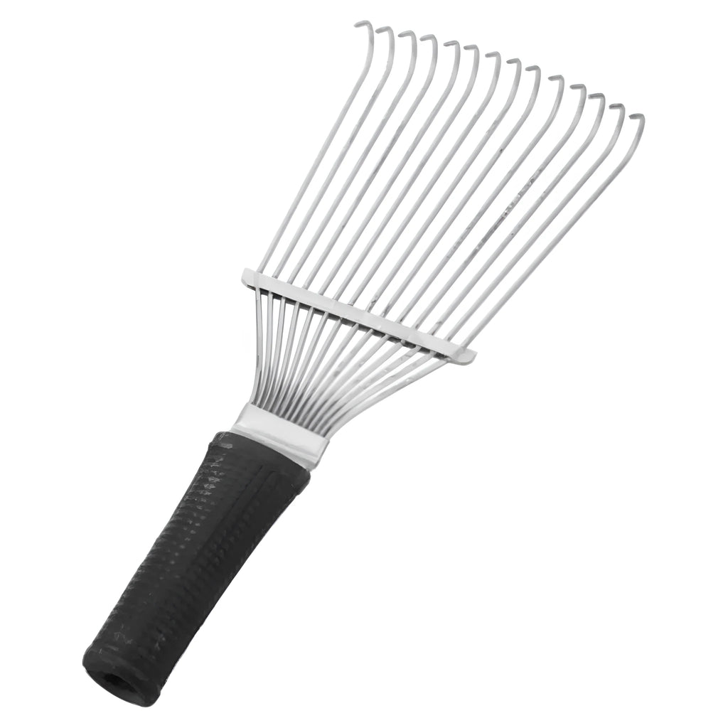 Stainless steel dematting brush rake comb for grooming horses and dogs on a wooden surface