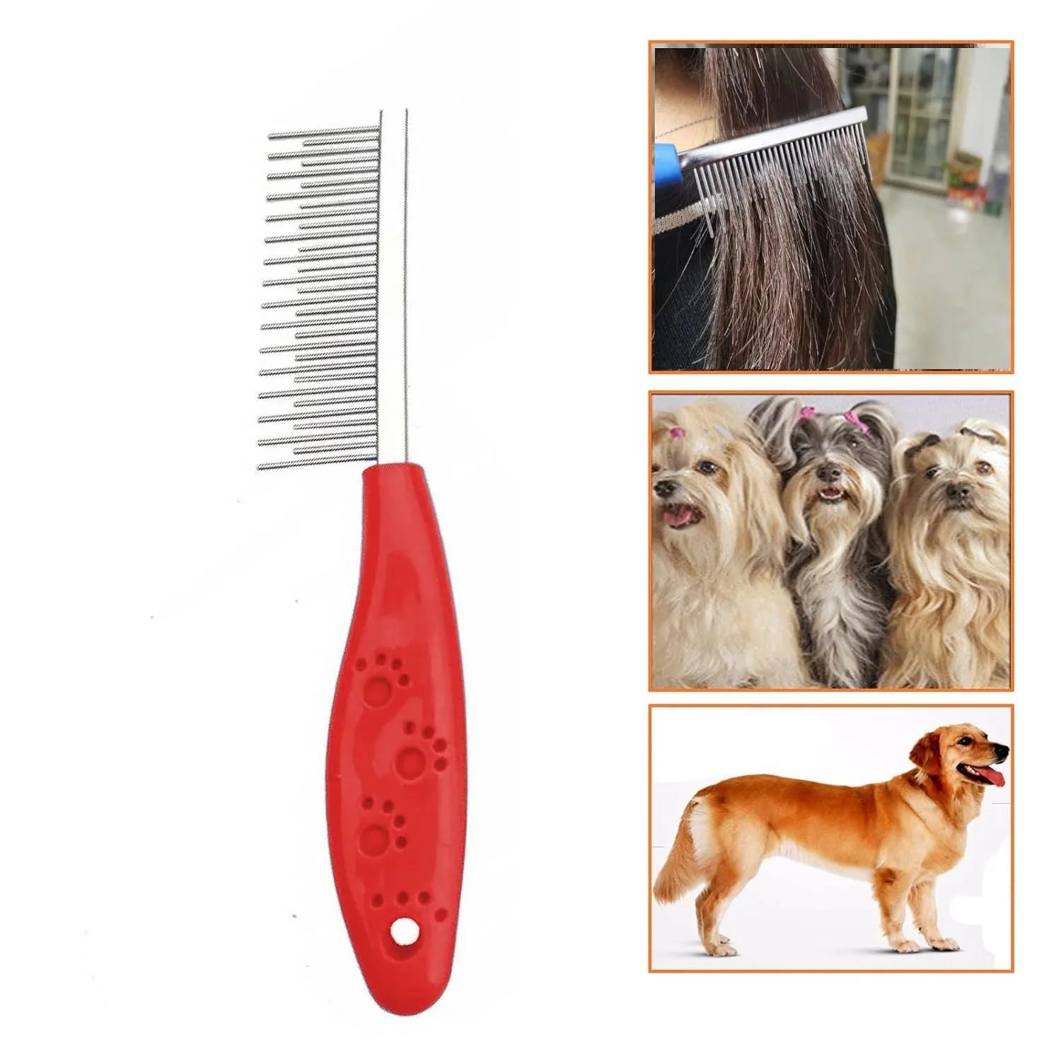 Red pet grooming comb with stainless steel short and long teeth for dematting dogs cats poodles horses