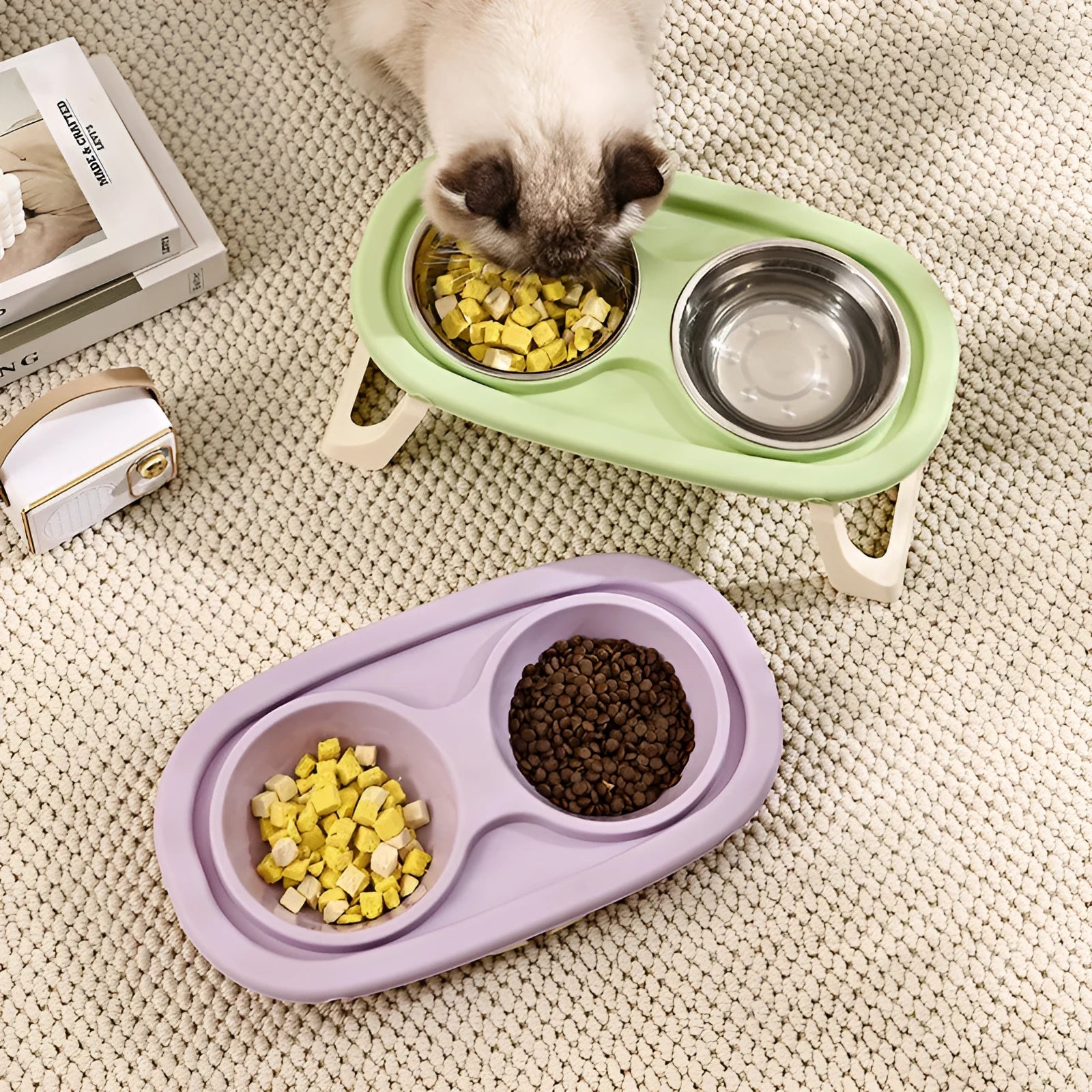 Foldable pet bowl set with dual compartments in white purple and green colours plastic or stainless steel options