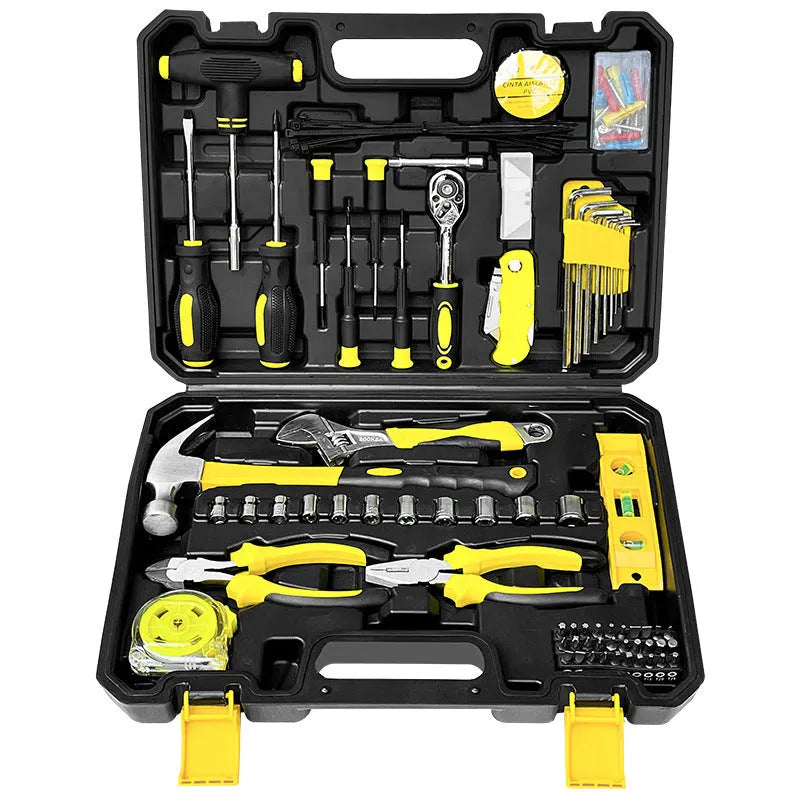 108 piece carbon steel hand tool set in a case with sockets, wrenches, screwdrivers, pliers, and hammer