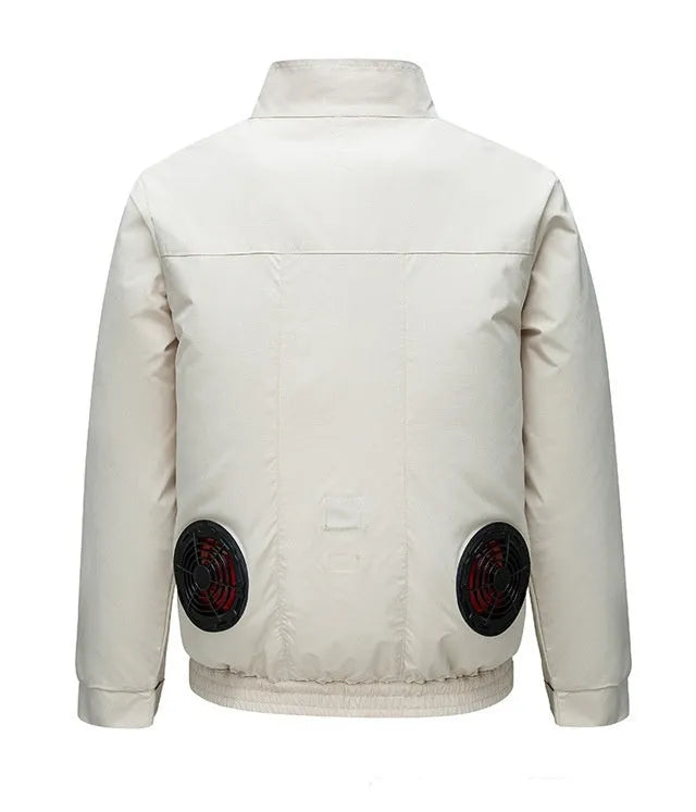 Men's black and white summer cooling jacket with visible fan port holes on the back.