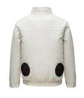 Men's black and white summer cooling jacket with visible fan port holes on the back.