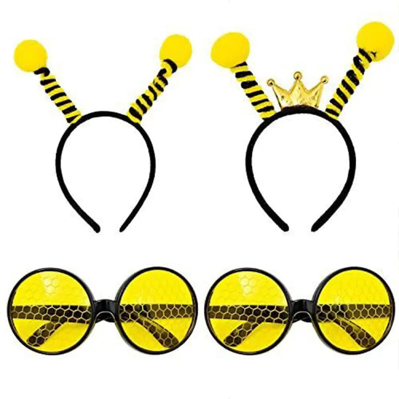 Yellow bee costume headband with matching glasses featuring butterfly and ladybug decorations