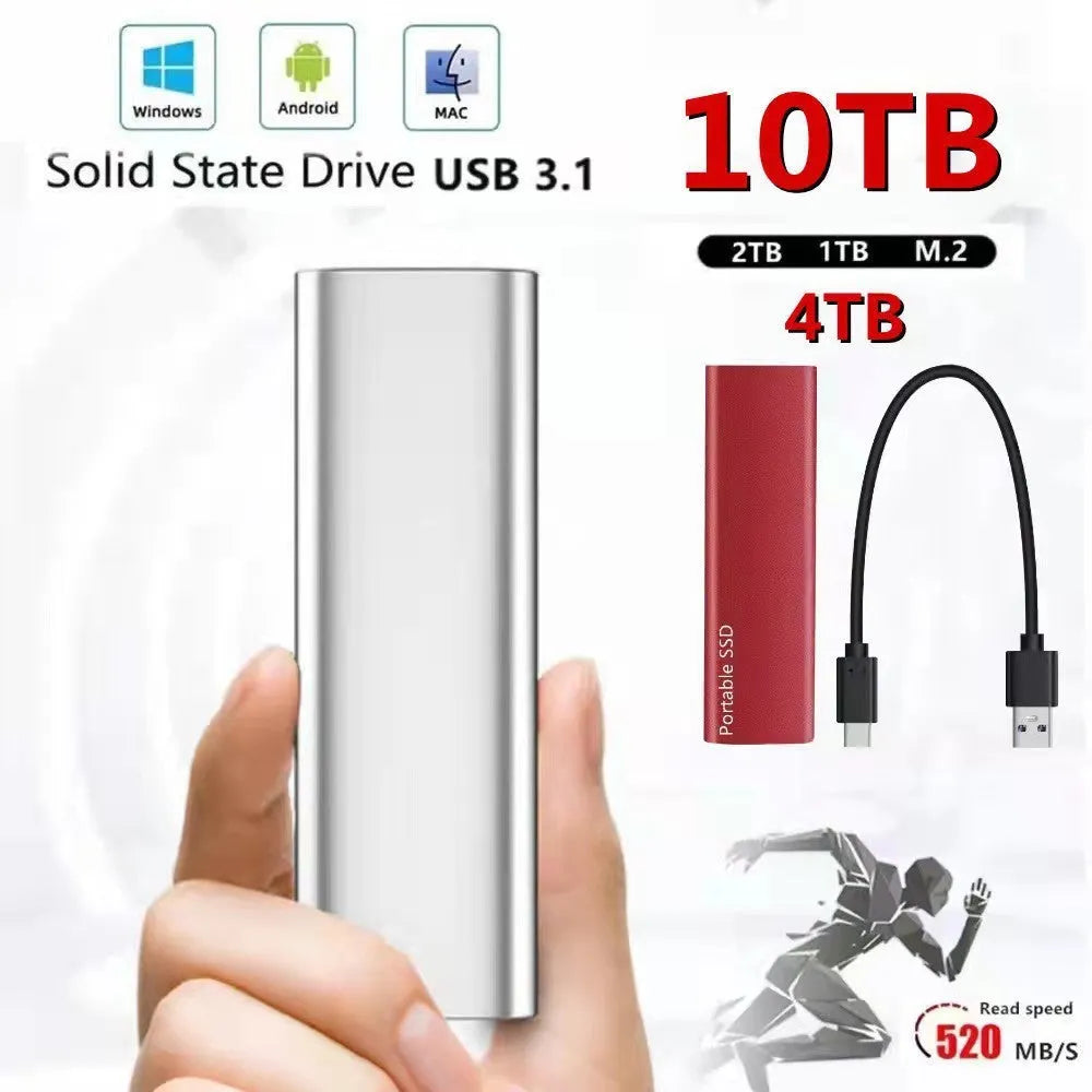 Ultra-thin metal external solid-state drive with red interface, shown alongside capacity options.