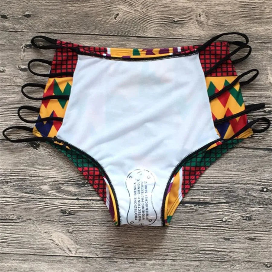 Women's digital print split bikini swimsuit with high-waisted briefs in chemical fibre blend fabric