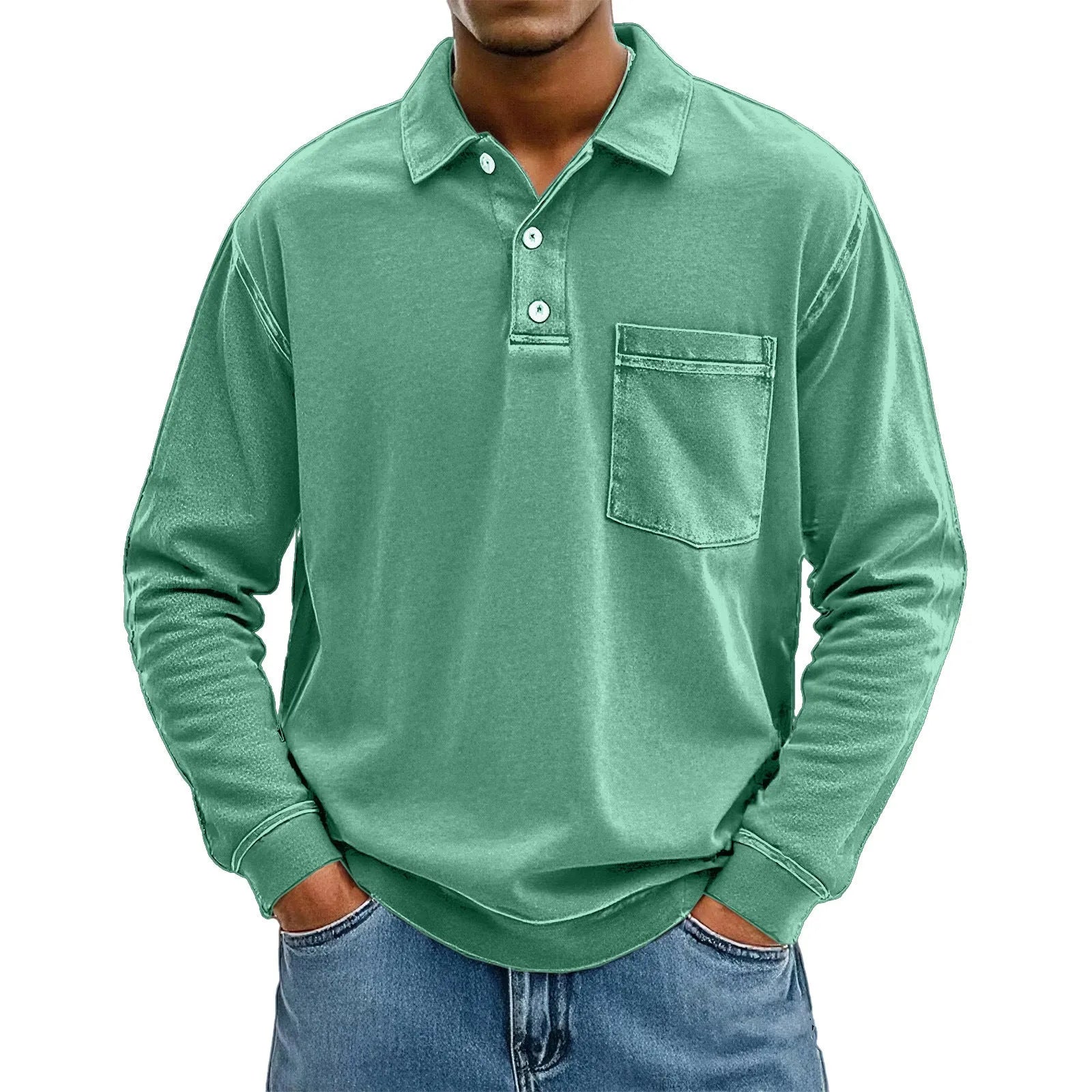 Men's 3D digital print pullover polo shirt with patch pocket in blue, model front view, loose fit polyester top