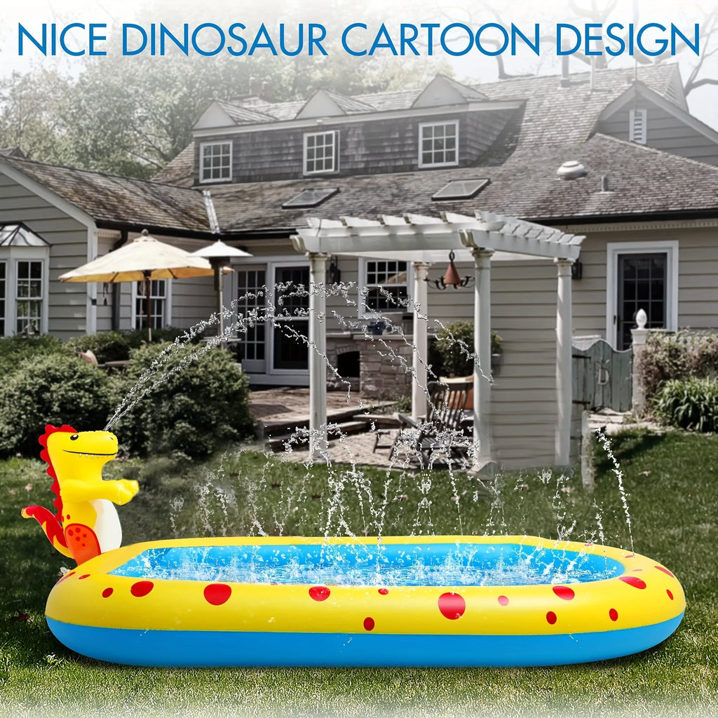 Blue inflatable dinosaur-shaped kids' pool with shark graphics and a water spray jet.
