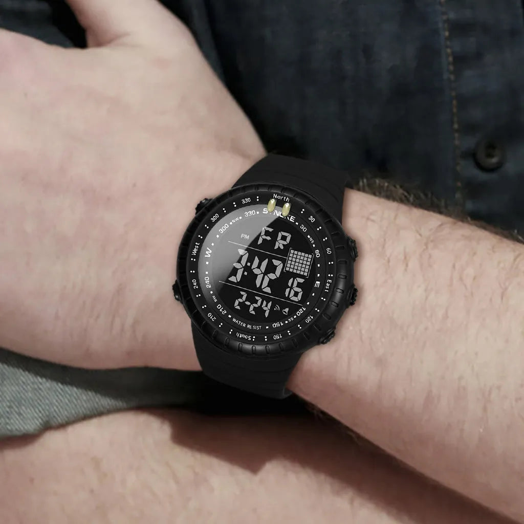 Black outdoor electronic watch for men with large dial and PU strap showing 50m waterproof rating