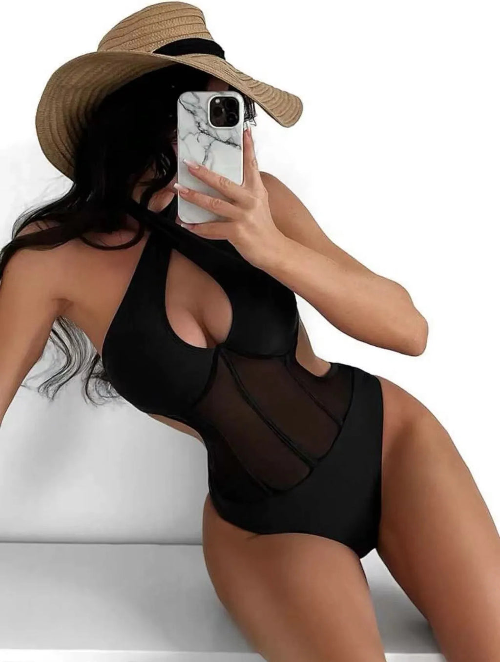 Women's black one-piece swimsuit bikini made from nylon and polyester spandex fabric