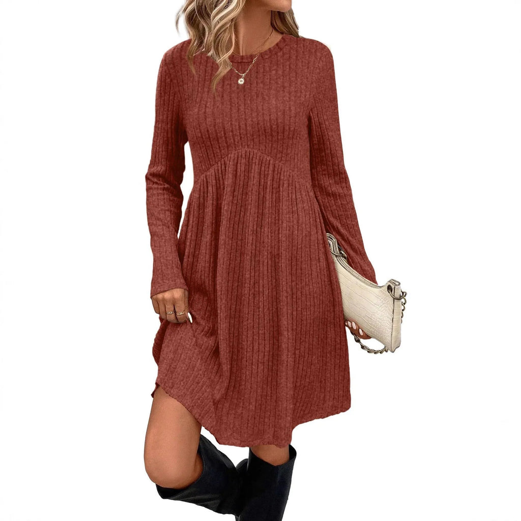 Women's bohemian brushed sunken stripe dress in solid colour, princess-style mid-length, wide waist, available in multiple colours