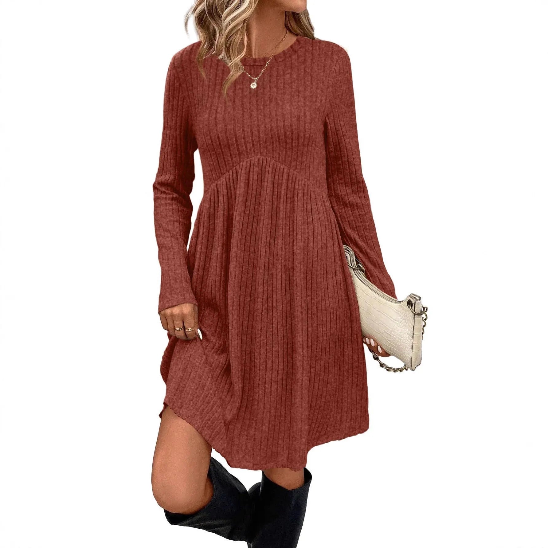 Women's bohemian brushed sunken stripe dress in solid colour, princess-style mid-length, wide waist, available in multiple colours