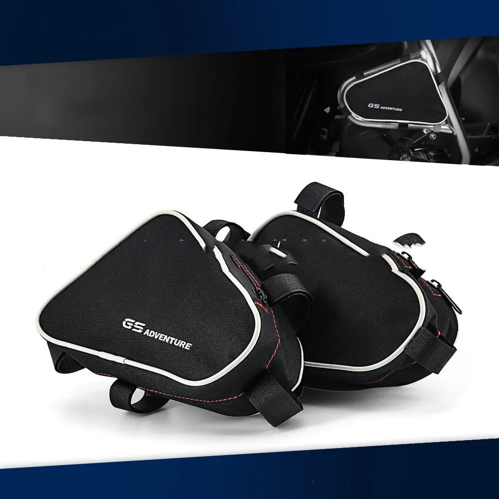 Black waterproof cloth motorcycle frame crash bar storage bag measuring 15cm by 10cm by 10cm