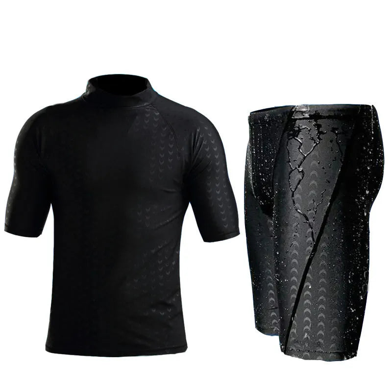 Men's black leopard print short-sleeved swimsuit suit with split quick-drying fabric, front view