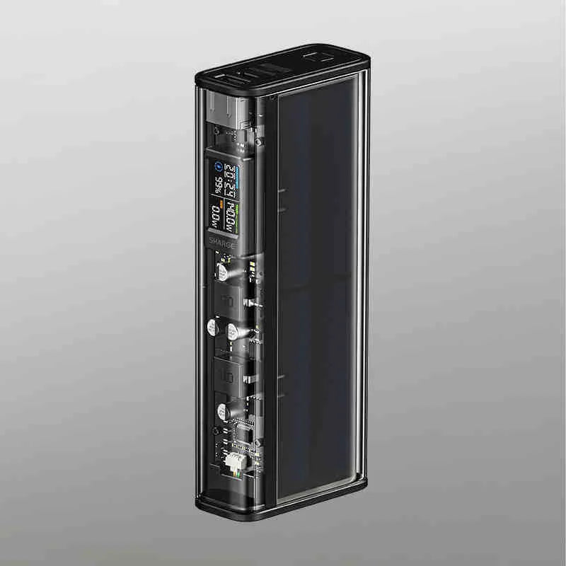 Transparent plastic power bank with 20000mAh capacity, fast charging, industrial style, black and white colour options