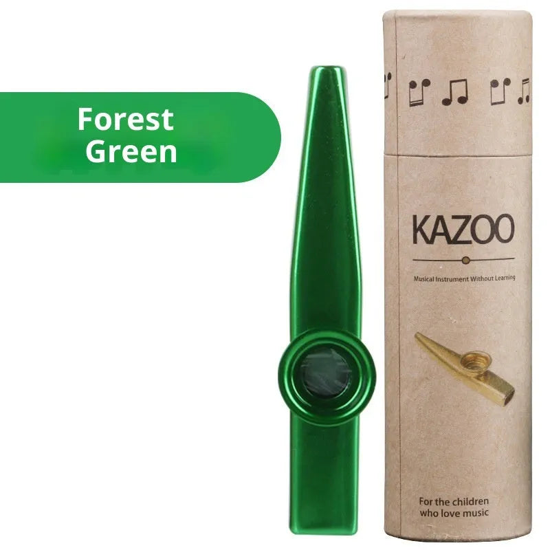 Metal kazoo in Flame Red with paper tube against a white background