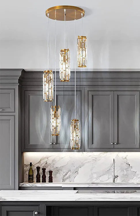 Industrial style crystal LED single head droplight pendant light in black, chrome, or gold finish.