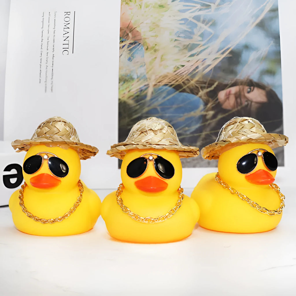 Yellow duck car dashboard ornament with straw hat and matte finish
