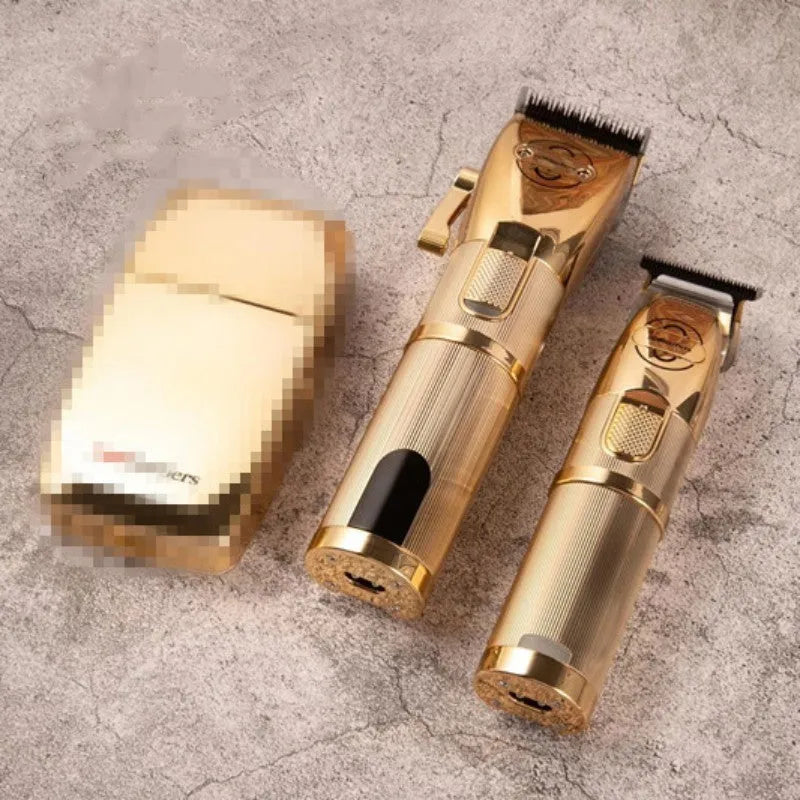 Gold coloured cordless barber hair clipper with charging port and cutting blades