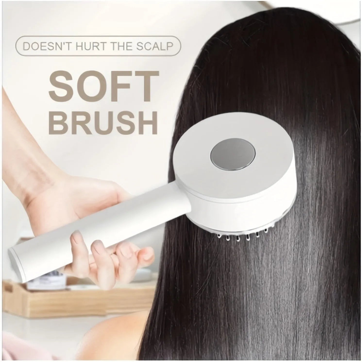 One-key self-cleaning hair brush with airbag cushion and round-head comb tips, 20x9cm, available in green pink and white