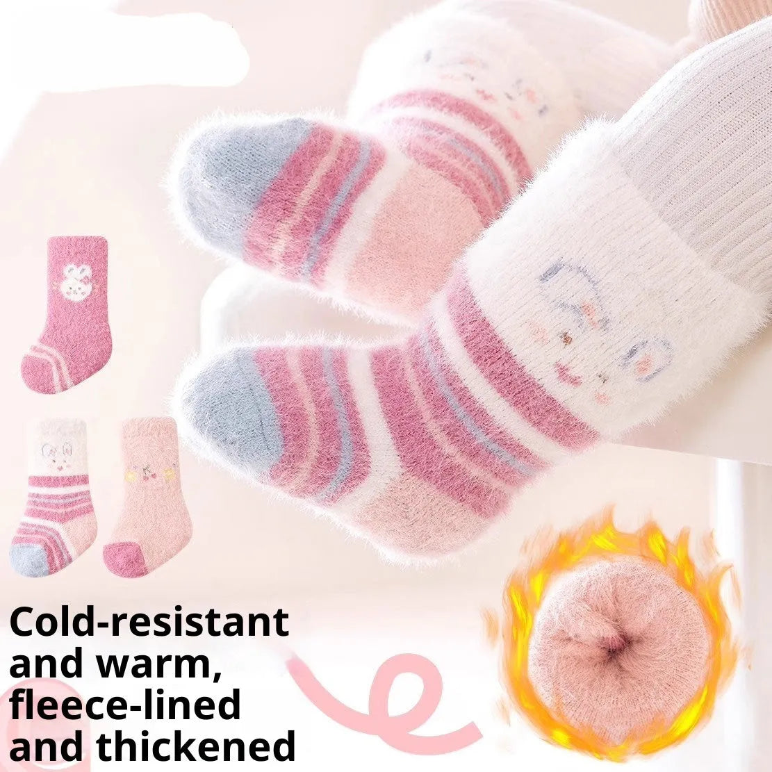 Baby socks with thick thermal construction, wool-lined fur edge, and cute cartoon giraffe print on polyester fibre fabric