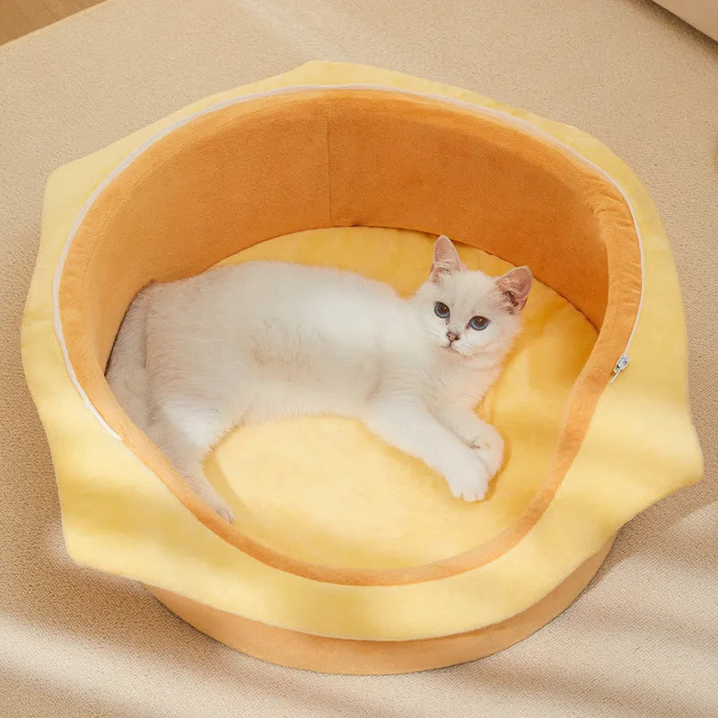 Grey foldable cat kennel with enclosed design and removable light grey faux fleece mat inside