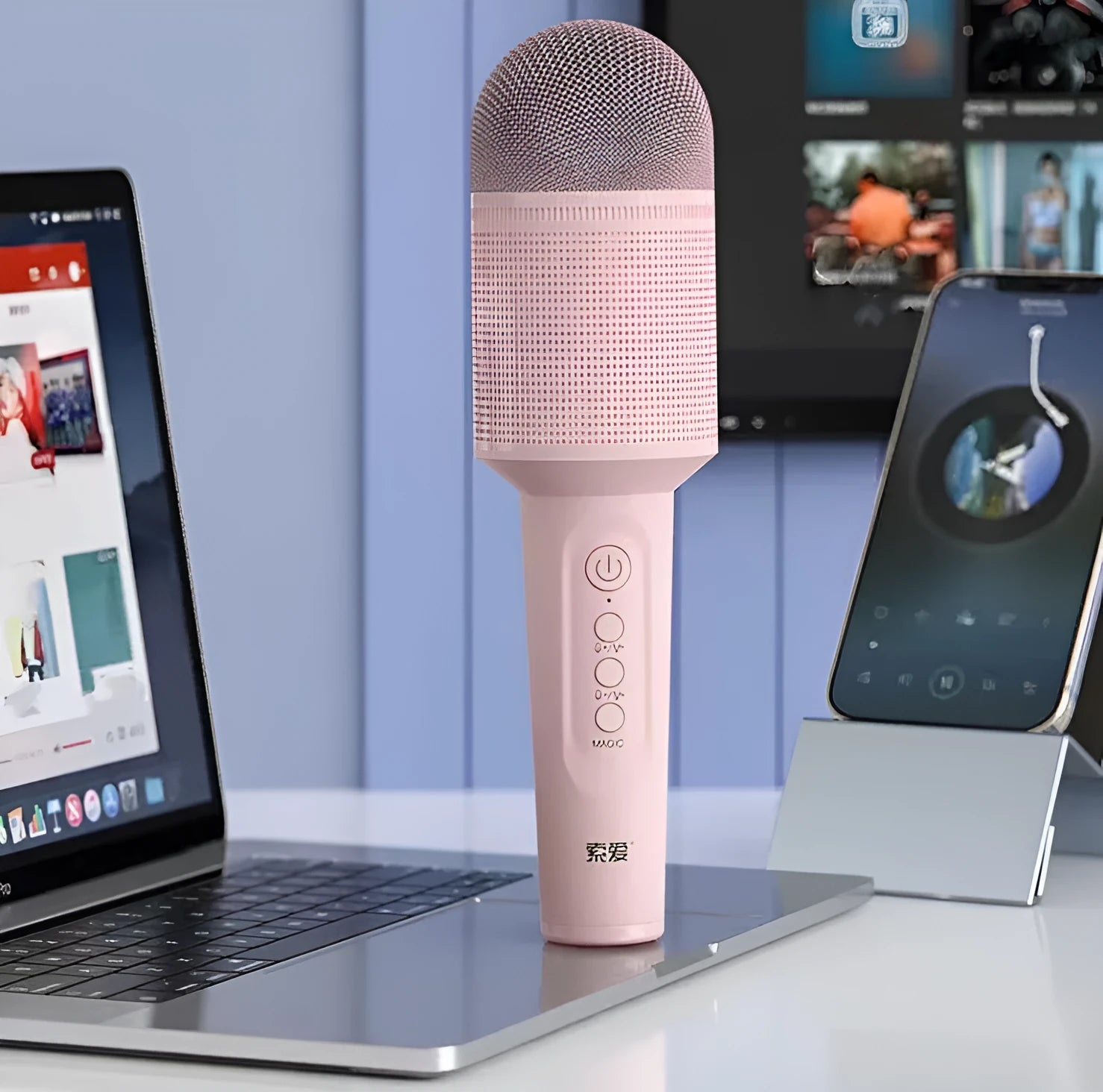 Wireless Bluetooth karaoke microphone in pink, blue, or green with USB port.