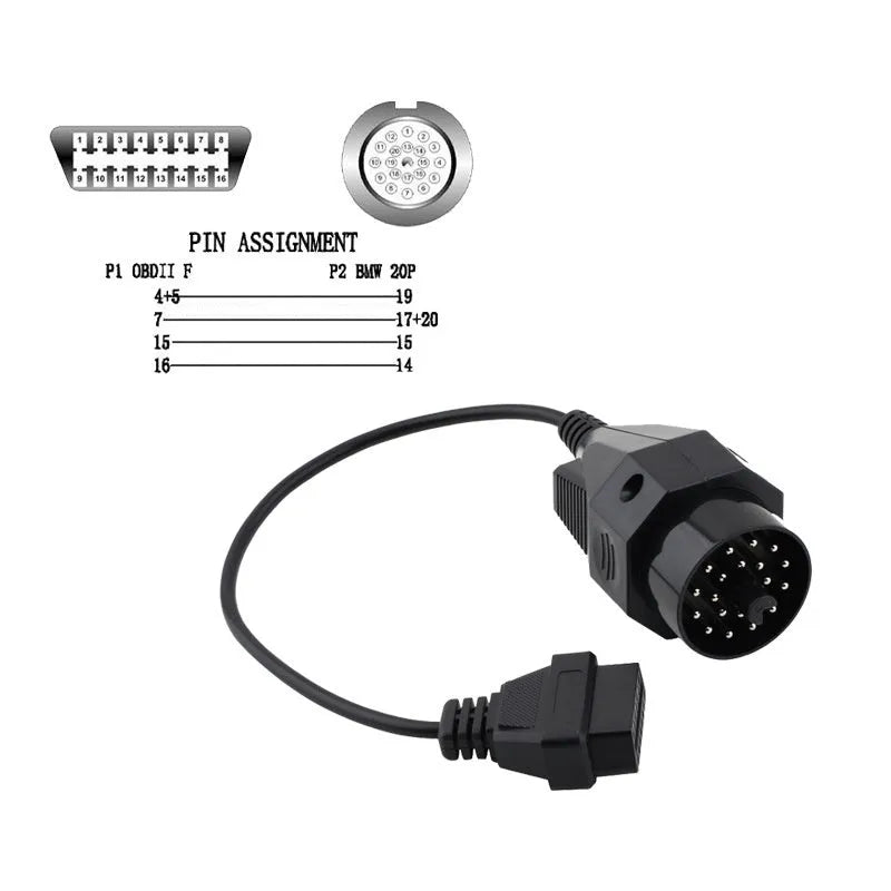 BMW OBD2 adapter cable with 20-pin and 16-pin connectors for vehicle diagnostics.