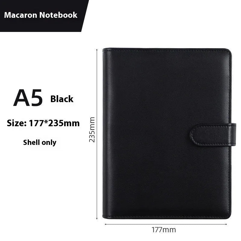 A5 solid colour PU leather notebook binder shell with a zipper, shown in various colours.