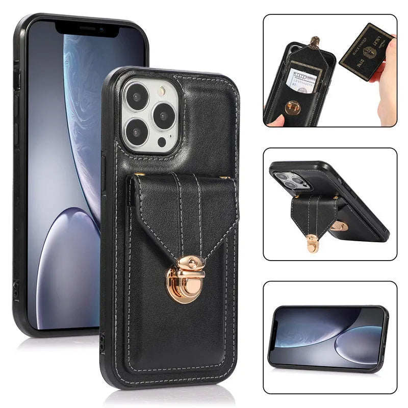 Creative Card Leather Diagonal Lanyard New Mobile Phone Case in black with lanyard and card slot