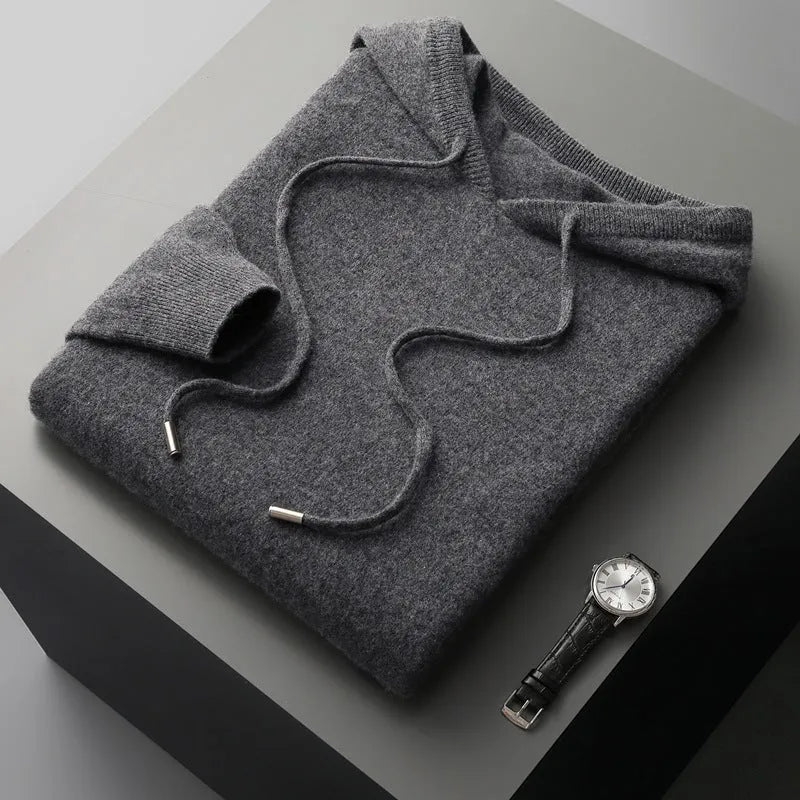 Men's seamless wool hoodie and jogger pants casual two-piece set in Dark Gray with drawstring hood and zip front