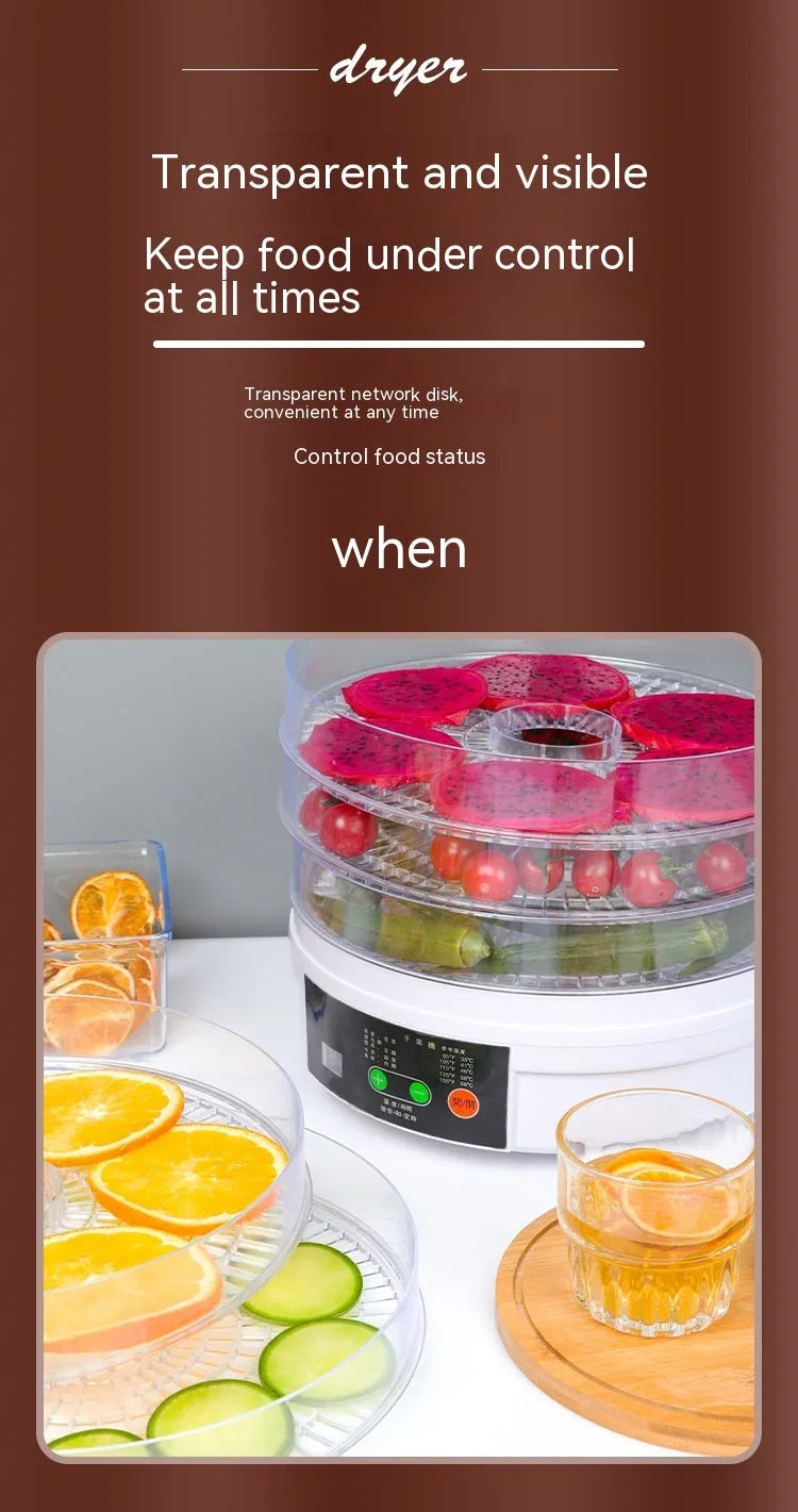 Household food dehydrator appliance with multiple stacked drying shelves on a countertop