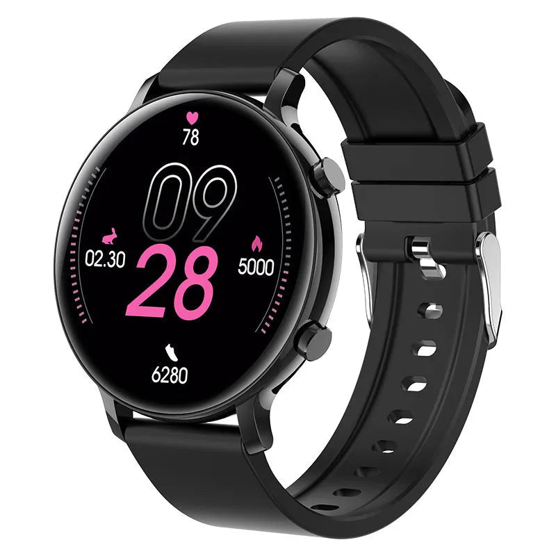 Black Bluetooth smartwatch with stainless steel strap on a wrist, showing call and health stats on screen.