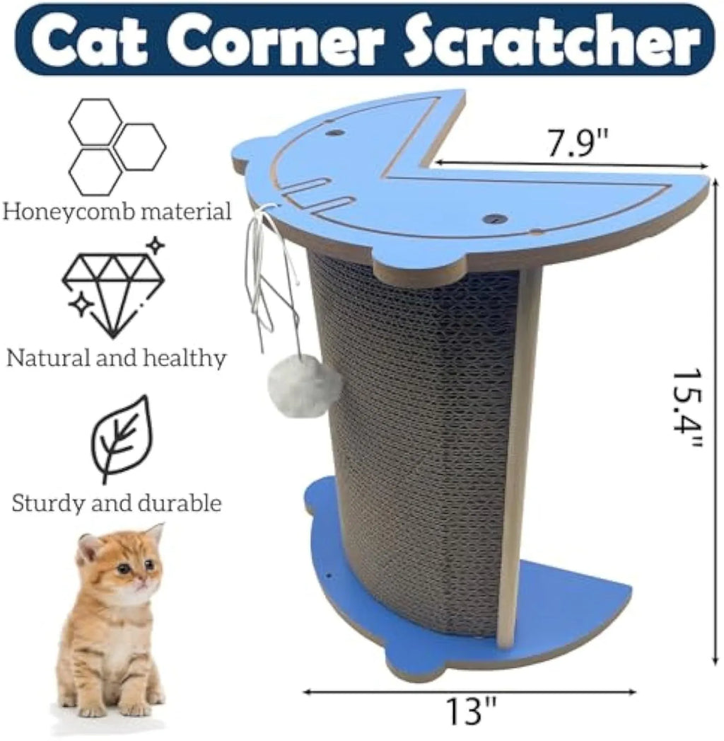 Vertical corner cat scratcher with cardboard pad and hanging ball toy on grey density board base