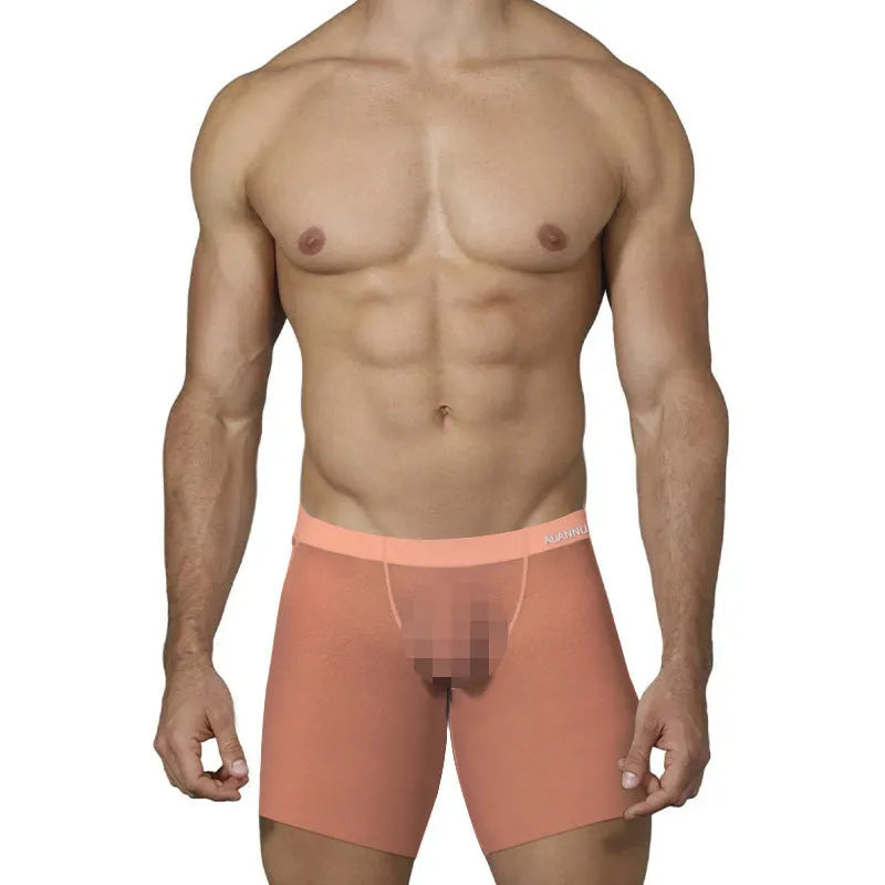 Men's low-waist boxers in orange, pink, and red made from breathable ice silk nylon fabric.