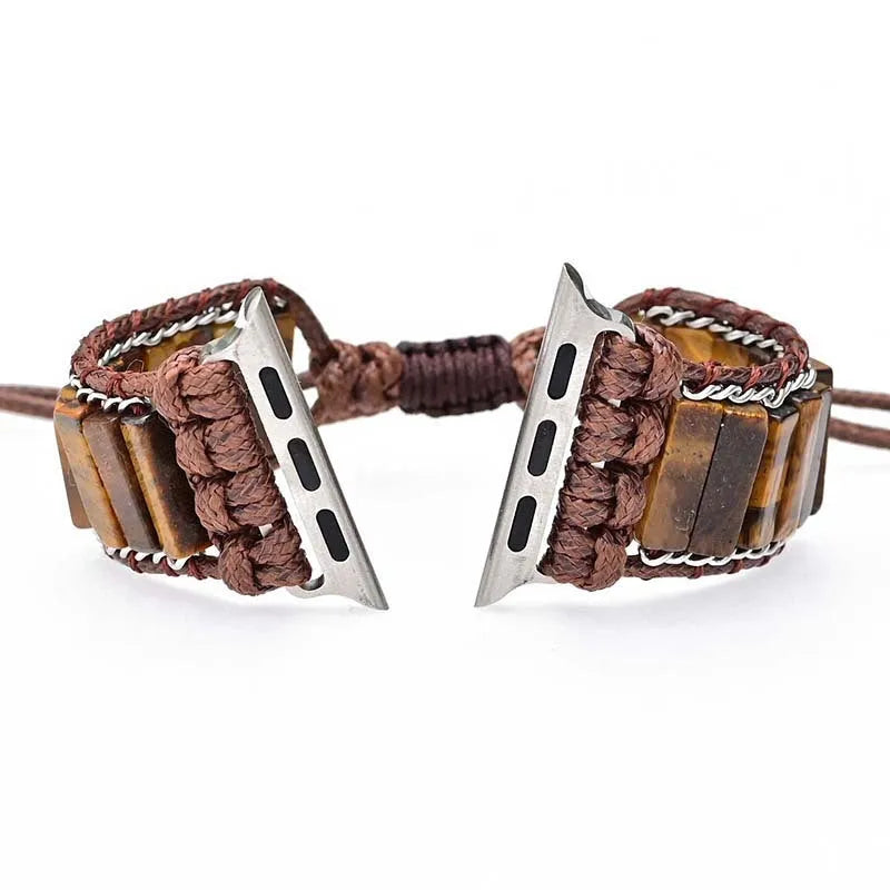 Men's textile watch strap with rectangular tiger eye stone chain, adjustable for 6.5-8.8cm wrists