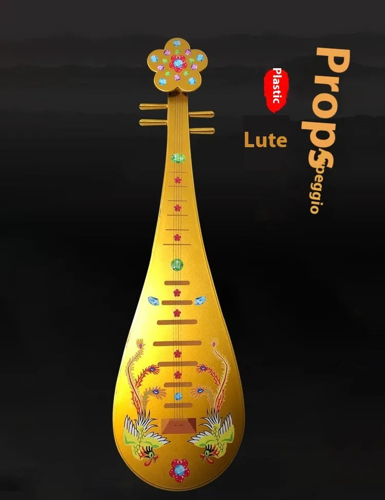Golden Double Phoenix simulation plastic pipa prop 64.5cm with handmade stickers for Dunhuang dance