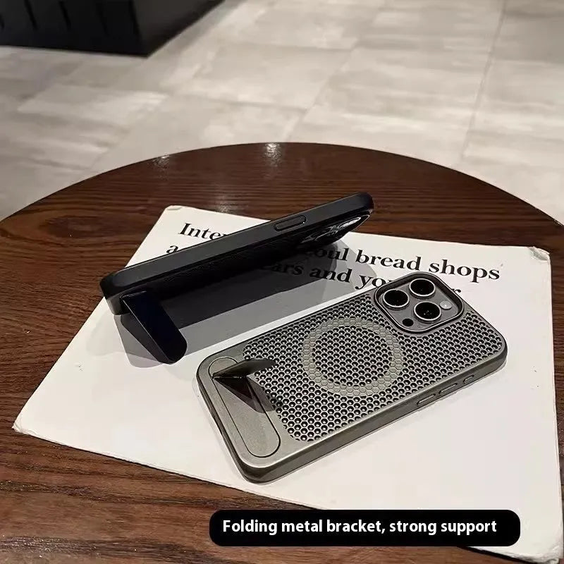 Magnetic suction breathable bracket phone case for Apple iPhone 16 Pro Max in titanium gray with metal acrylic build