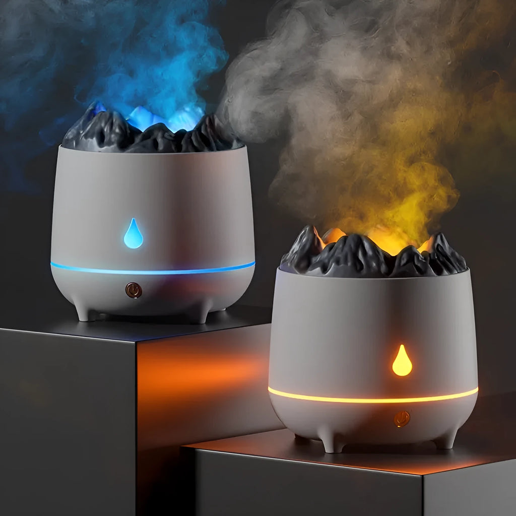 White or black volcano-shaped ultrasonic humidifier with USB cable for rooms up to 20 square metres.