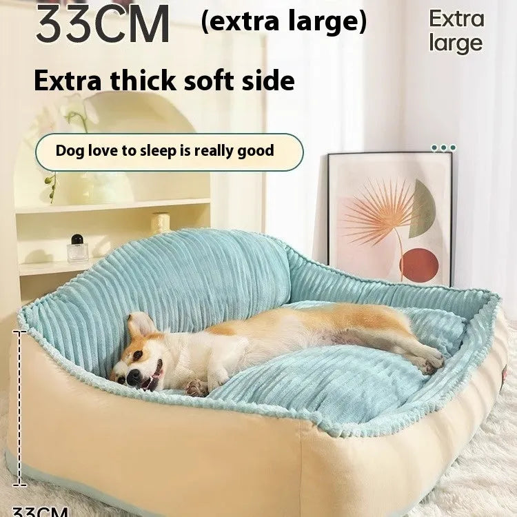 Morandi colour removable washable dog bed mat on a sofa, showing Large and Medium size options.