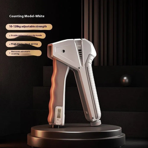 Adjustable hand gripper strength trainer with mechanical counter display in black.